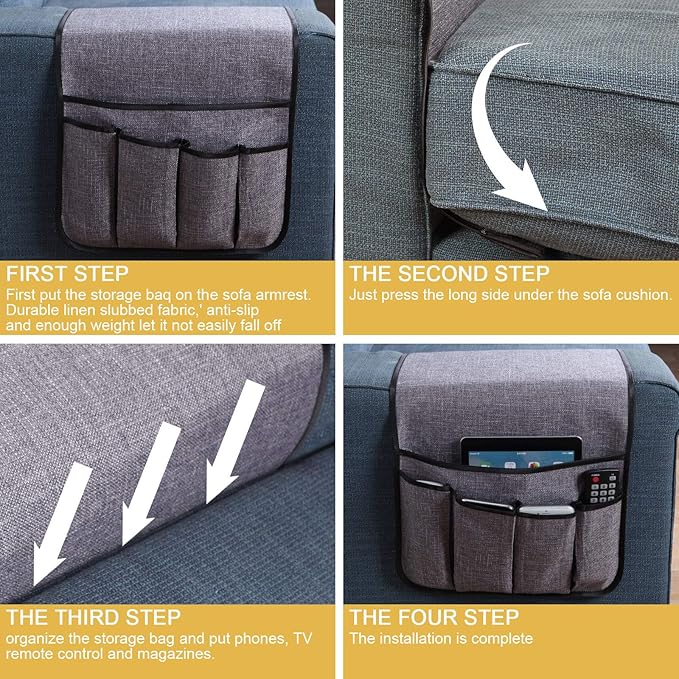 Sixyotie Sofa Armrest Organizer,Non-Slip Remote Control Holders for Recliner Couch,Chair Armchair Caddy with 5 Pockets for Table,Cell Phone,Ipad,Magazines,Books (13x35In, Lightgrey)