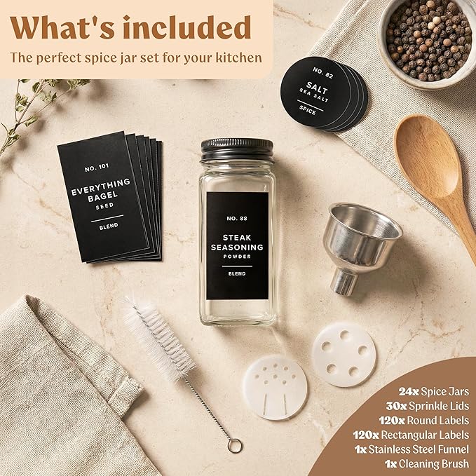 Glass Spice Jars with Label and Black Aluminum Lids (24 x 4oz) Spice Containers with 240 Labels, Shaker Inserts, Steel Funnel, Empty Square Seasoning Organizer (Black Aluminum Lid)