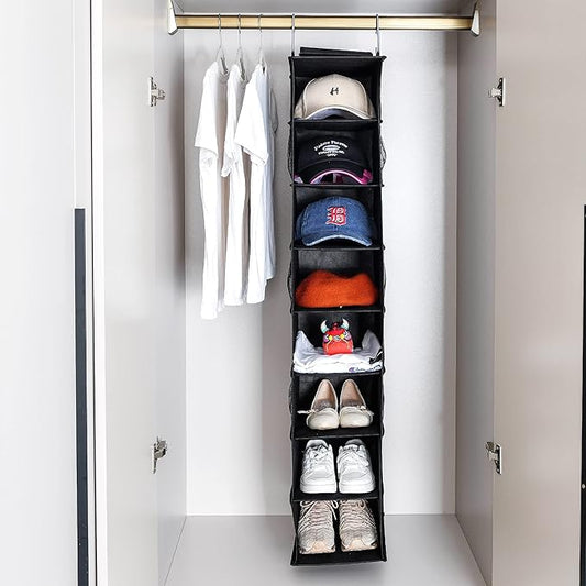 Hanging Shoe Organizer for Closet with Side Mesh Pockets,Hat Racks for Baseball Caps,Shoe and Hat Holder & Storage,8-Shelf,Black,1 Pack