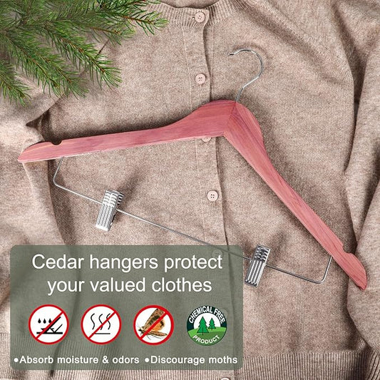 TOPIA HANGER American Red Cedar Wooden Hangers with Adjustable Metal Clips and 360° Swivel Hook, Premium Wood Clothes Hangers 10 Pack for Suit, Pant, Skirt, Jeans, Coat, Jacket-CT28C