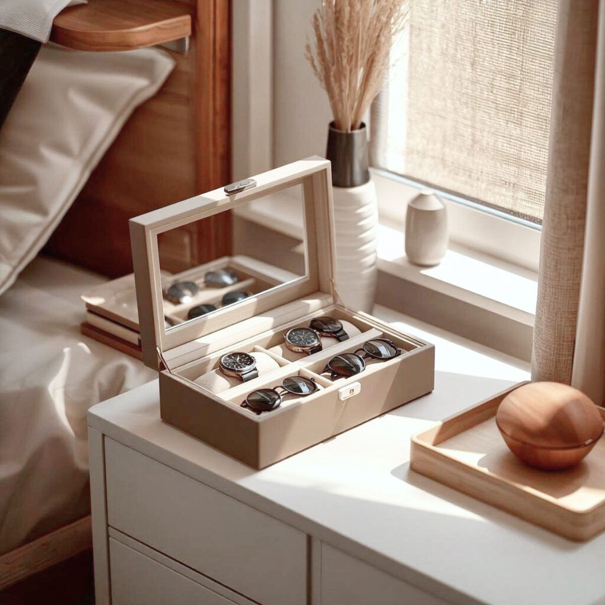 Neatly organized watches and sunglasses displayed in a structured storage box on a bedroom nightstand, illuminated by soft natural sunlight.