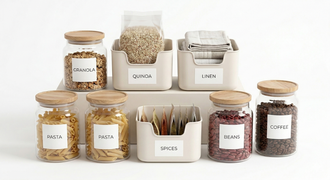 Pantry storage containers with organization labels for food, spices, and household storage bins