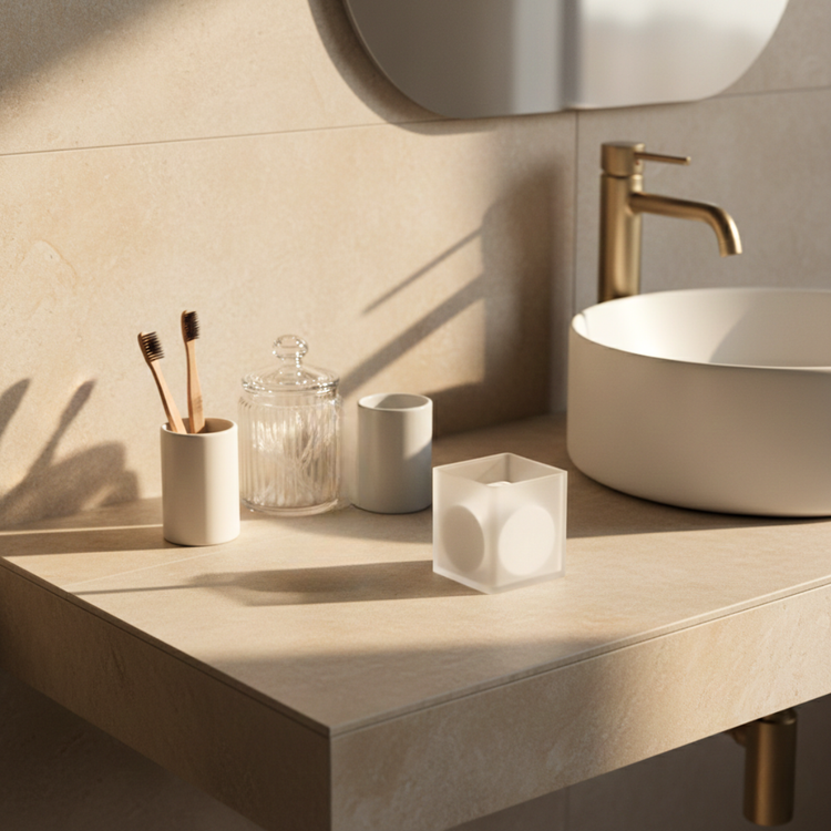 Minimal bathroom countertop with toothbrush and daily care holders neatly arranged beside a porcelain sink, illuminated by warm natural daylight.