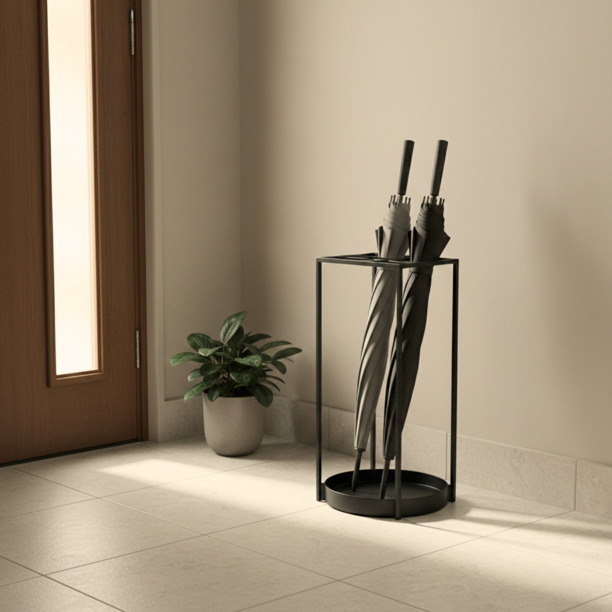 Minimal umbrella stand holding several umbrellas near a front door in a sunlit entryway.