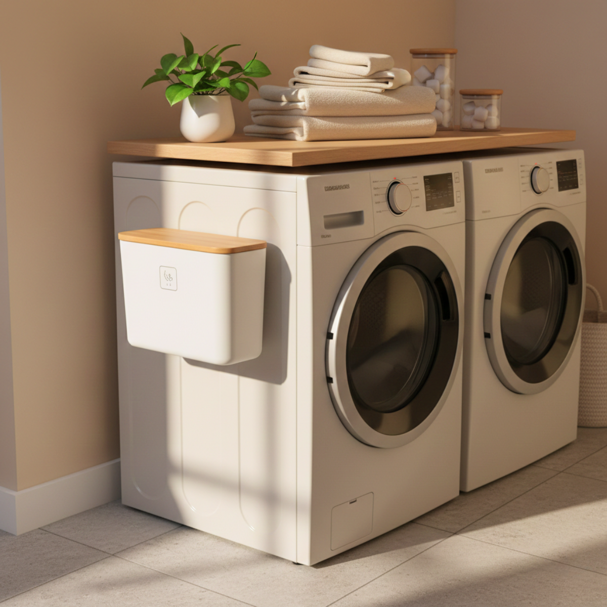 Minimal lint bin magnetically attached to the side of a washer in a sunlit laundry room.