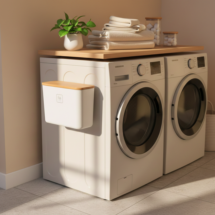 Minimal lint bin magnetically attached to the side of a washer in a sunlit laundry room.