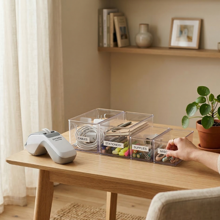 Home label maker and labeled plastic storage bins arranged on a wooden table in a bright organization workspace.