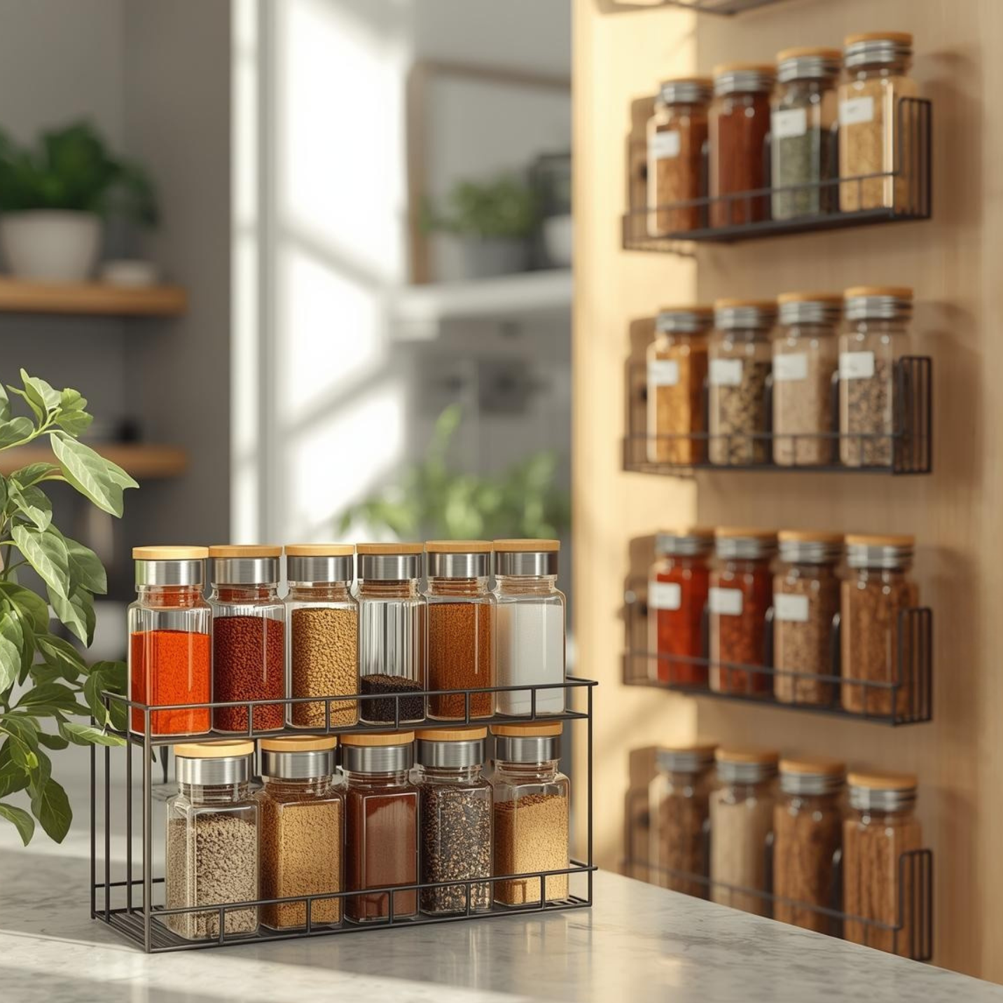 Spice racks with clear jars arranged on a kitchen countertop and wall-mounted shelves for visible and accessible spice storage.