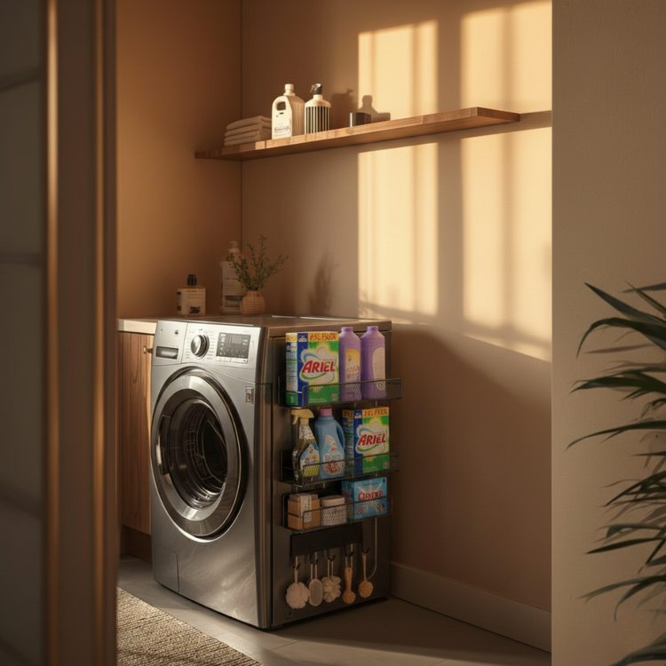 Magnetic side shelves attached to the washer body, holding detergent and laundry tools in a sunlit laundry room.