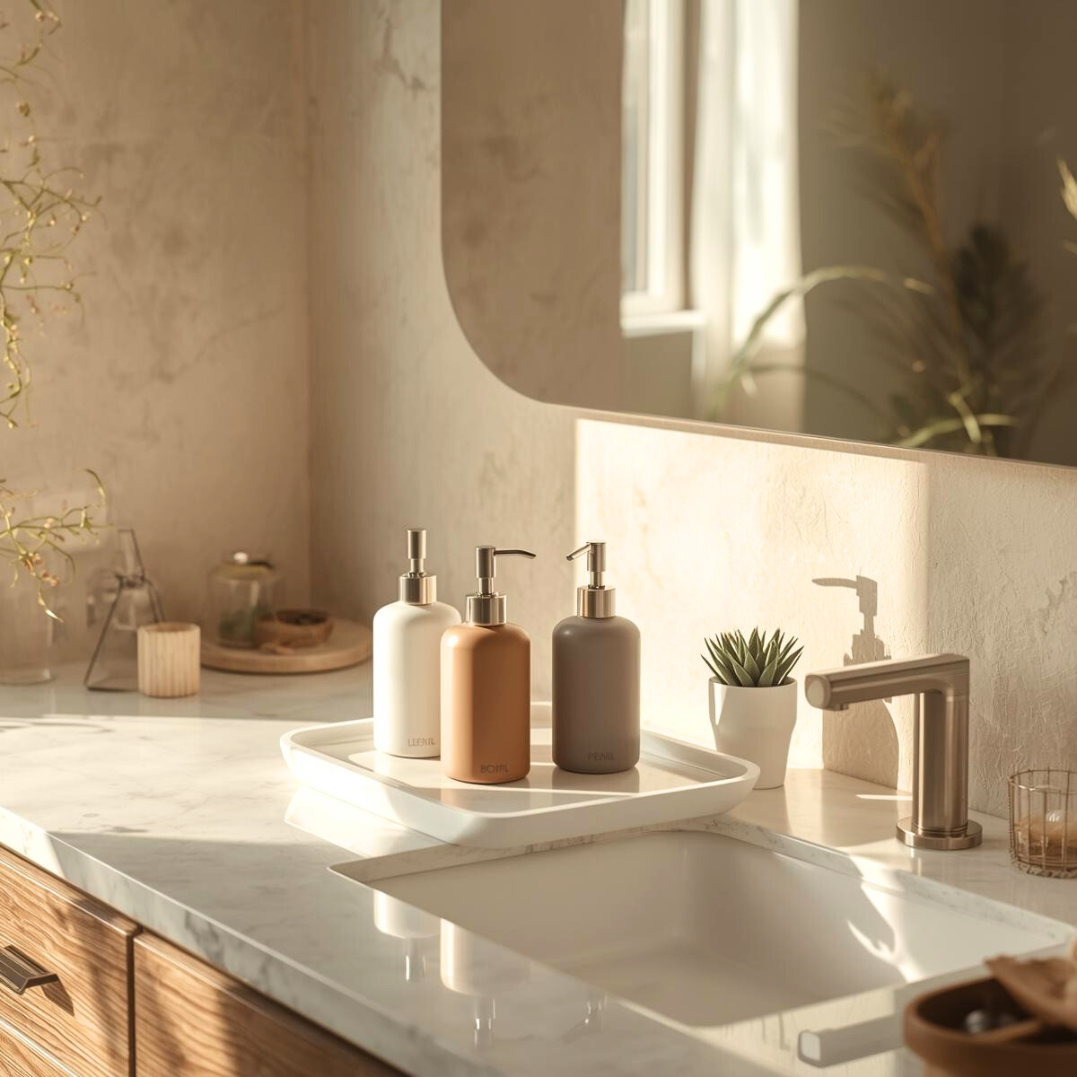Minimal soap and lotion dispensers arranged on a porcelain tray beside a bathroom sink, styled with soft daylight and neutral tones.