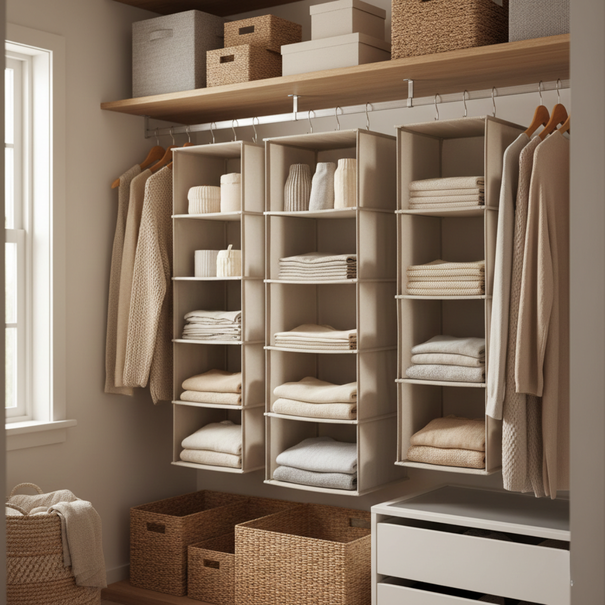 Hanging fabric shelf organizers used inside a closet to store folded clothing and accessories in vertical compartments.