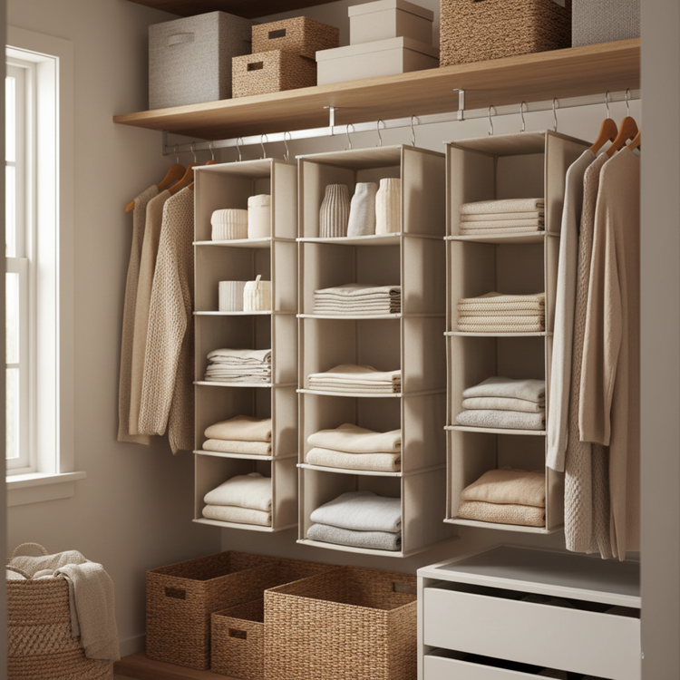 Hanging fabric shelf organizers used inside a closet to store folded clothing and accessories in vertical compartments.