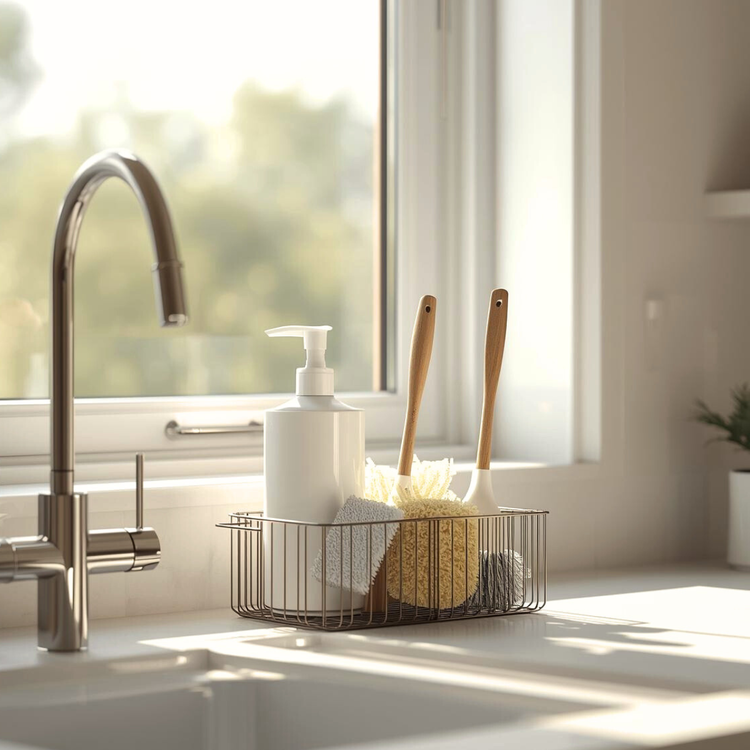 Soap and sponge caddy placed beside a kitchen sink, holding dish soap, sponges, and scrub brushes, with bright natural sunlight coming through a softly blurred window in the background