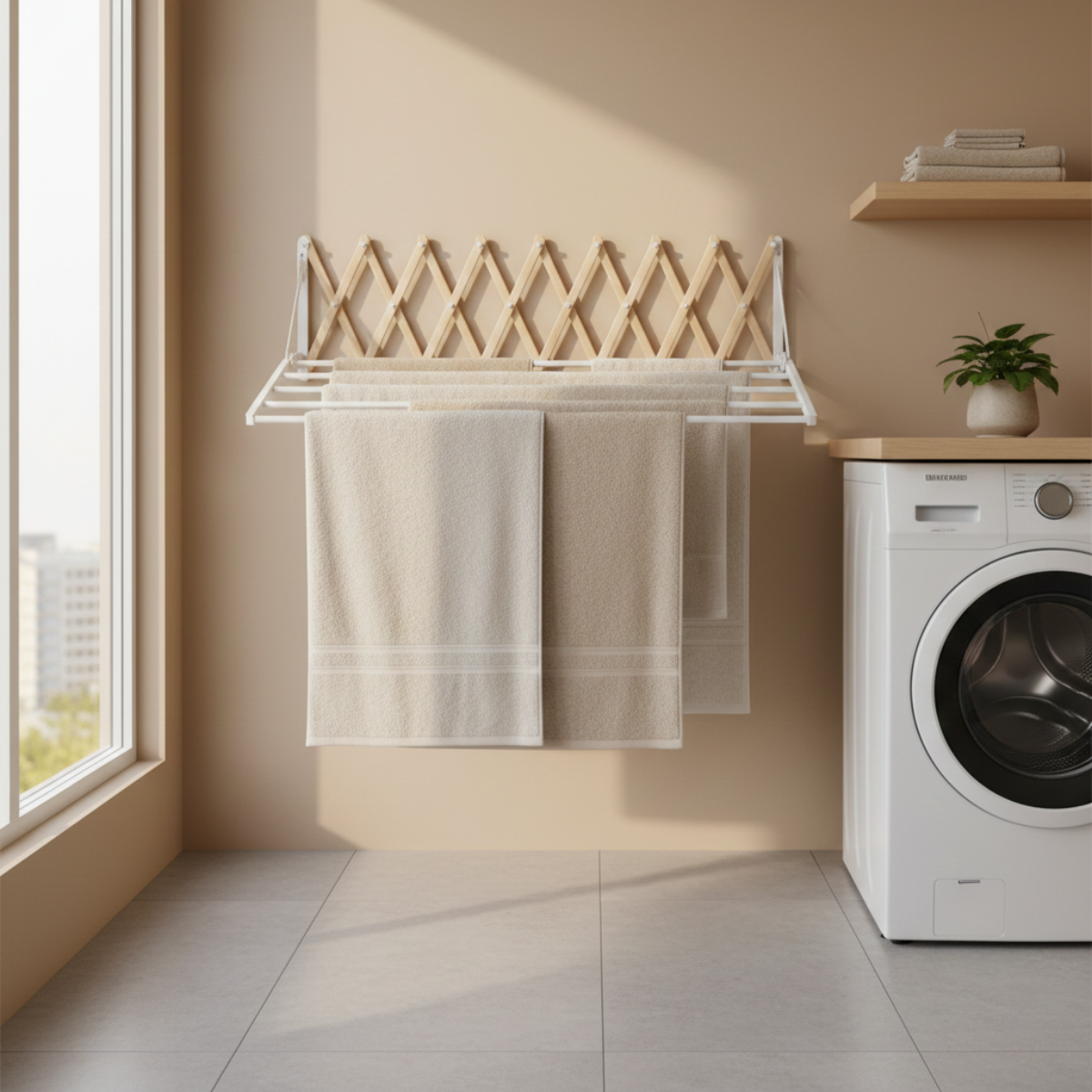 Wall-mounted folding drying rack holding neutral towels in a bright, sunlit laundry room beside a washer and dryer.