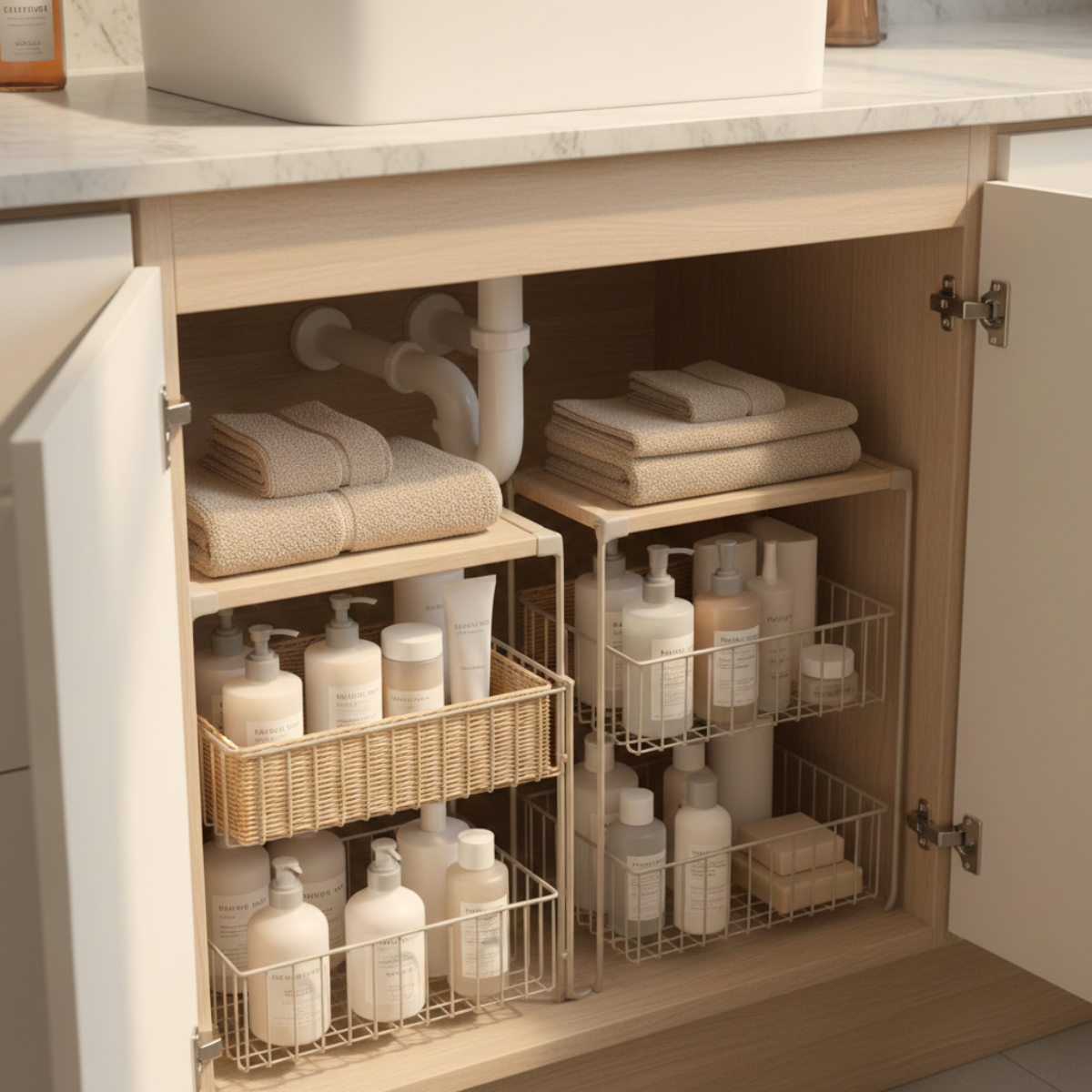 Under-sink organizer racks storing towels, shampoo, lotion, and skincare bottles inside a bathroom cabinet with warm natural light.