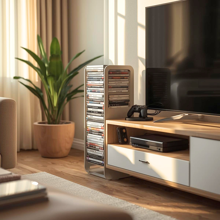 Media storage tower holding video game cases beside a TV console, with controller stands organized on a living room media shelf in natural daylight.