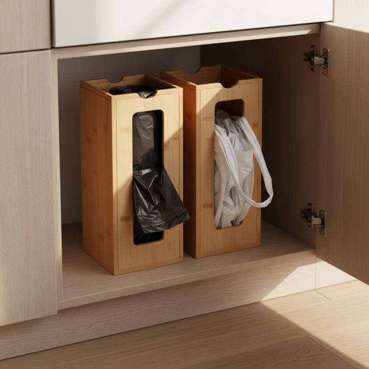 Trash bag dispensers neatly organized inside a kitchen lower cabinet, storing trash bags and grocery bags vertically for easy access in a clean, well-lit kitchen.