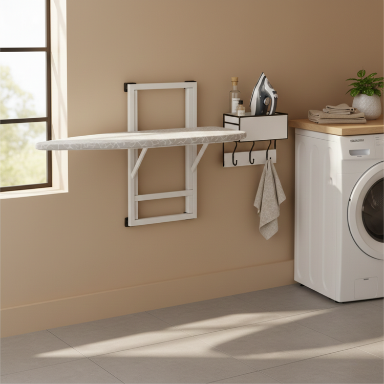 Wall-mounted folding ironing board set up in a sunlit laundry room with iron storage shelf nearby.