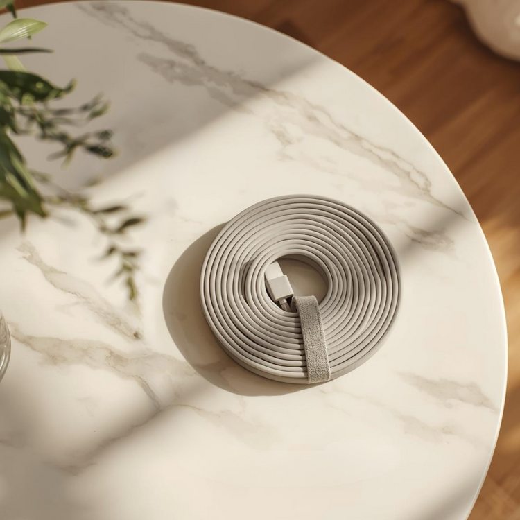 Minimal cable wrap securing a coiled charging cord on a marble tabletop in a calm living room setting.