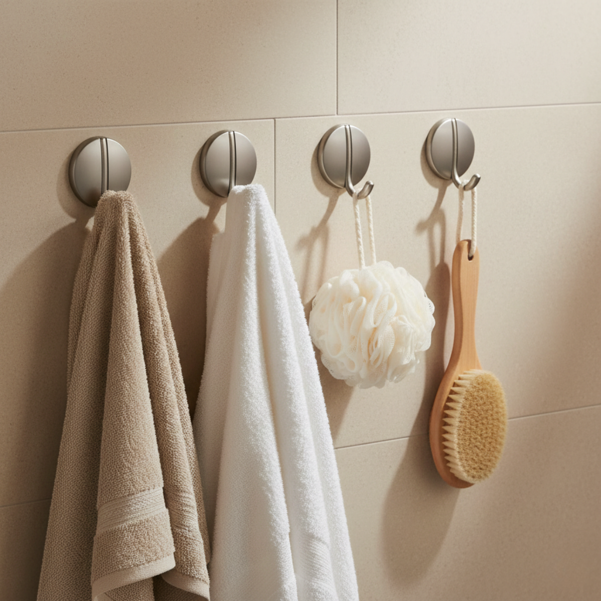 Metal suction hooks holding towels and shower accessories on a porcelain-tiled bathroom wall with warm indoor lighting.
