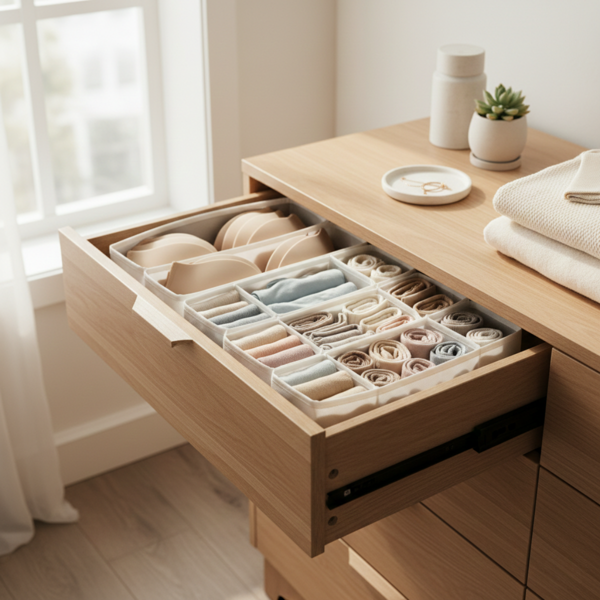 Neatly organized underwear and socks stored in compartment-style drawer organizers inside a bedroom dresser, styled with soft natural light.