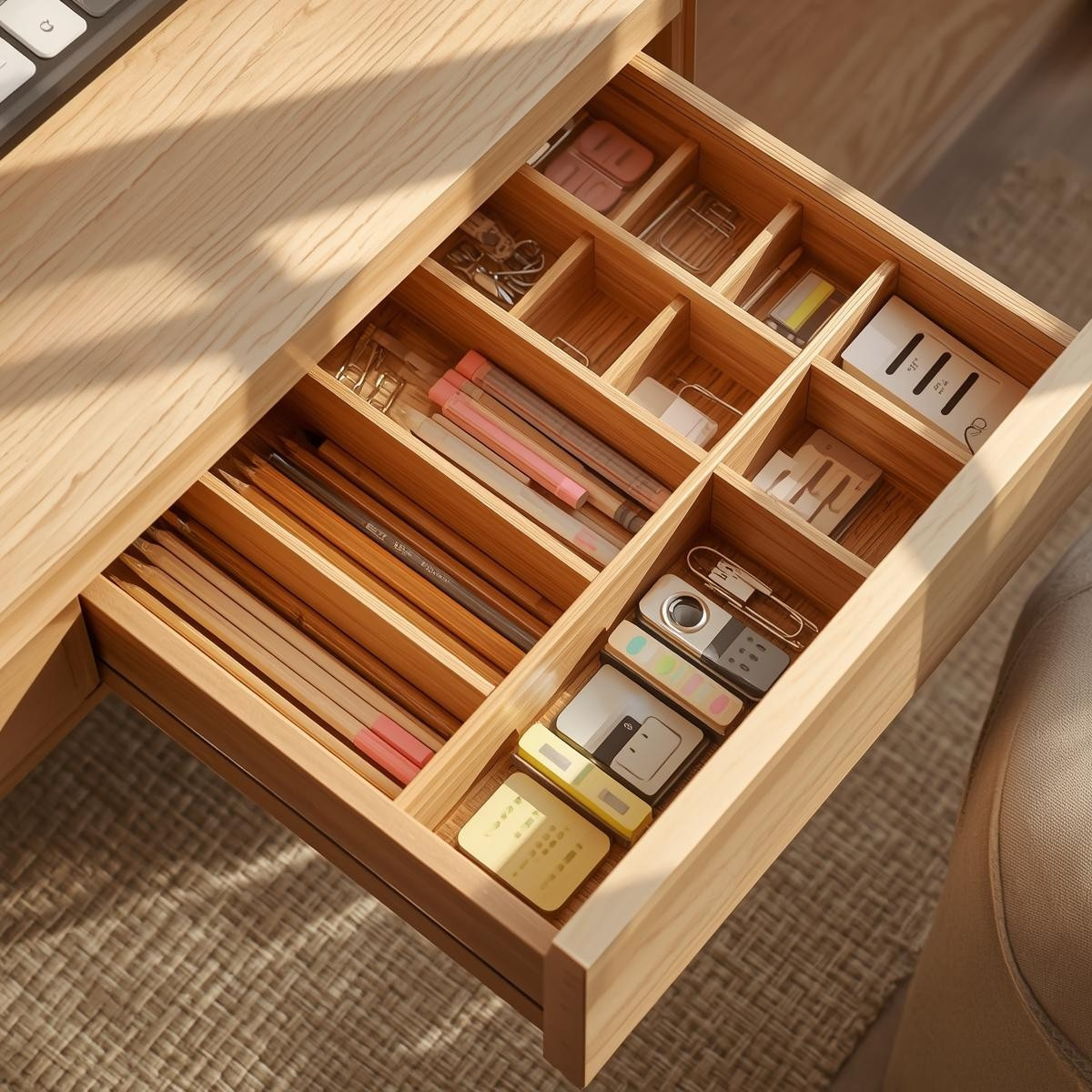Bamboo drawer dividers organizing pens, clips, and small stationery items inside a home office desk drawer with warm natural light.