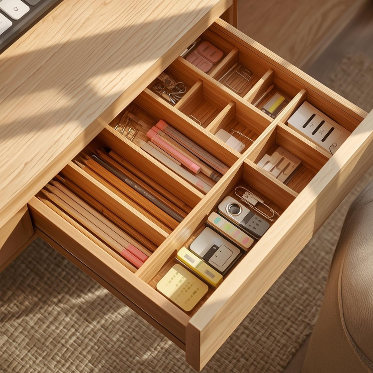 Bamboo drawer dividers organizing pens, clips, and small stationery items inside a home office desk drawer with warm natural light.