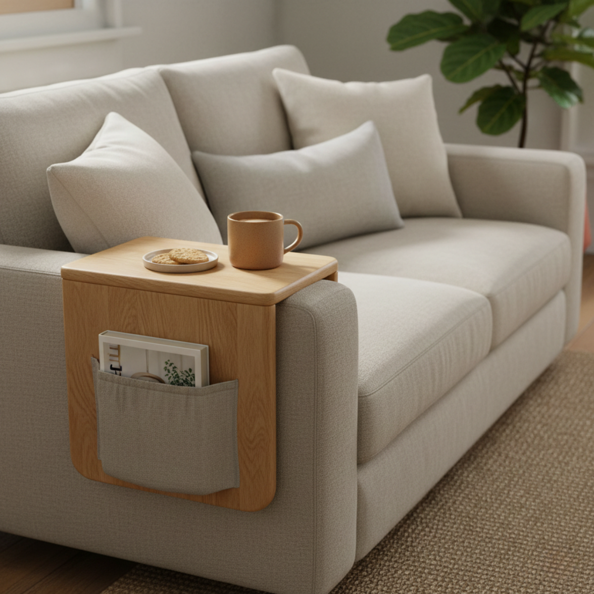 Wooden sofa side caddy placed over a fabric sofa arm, holding a coffee cup and magazines in a softly sunlit living room.