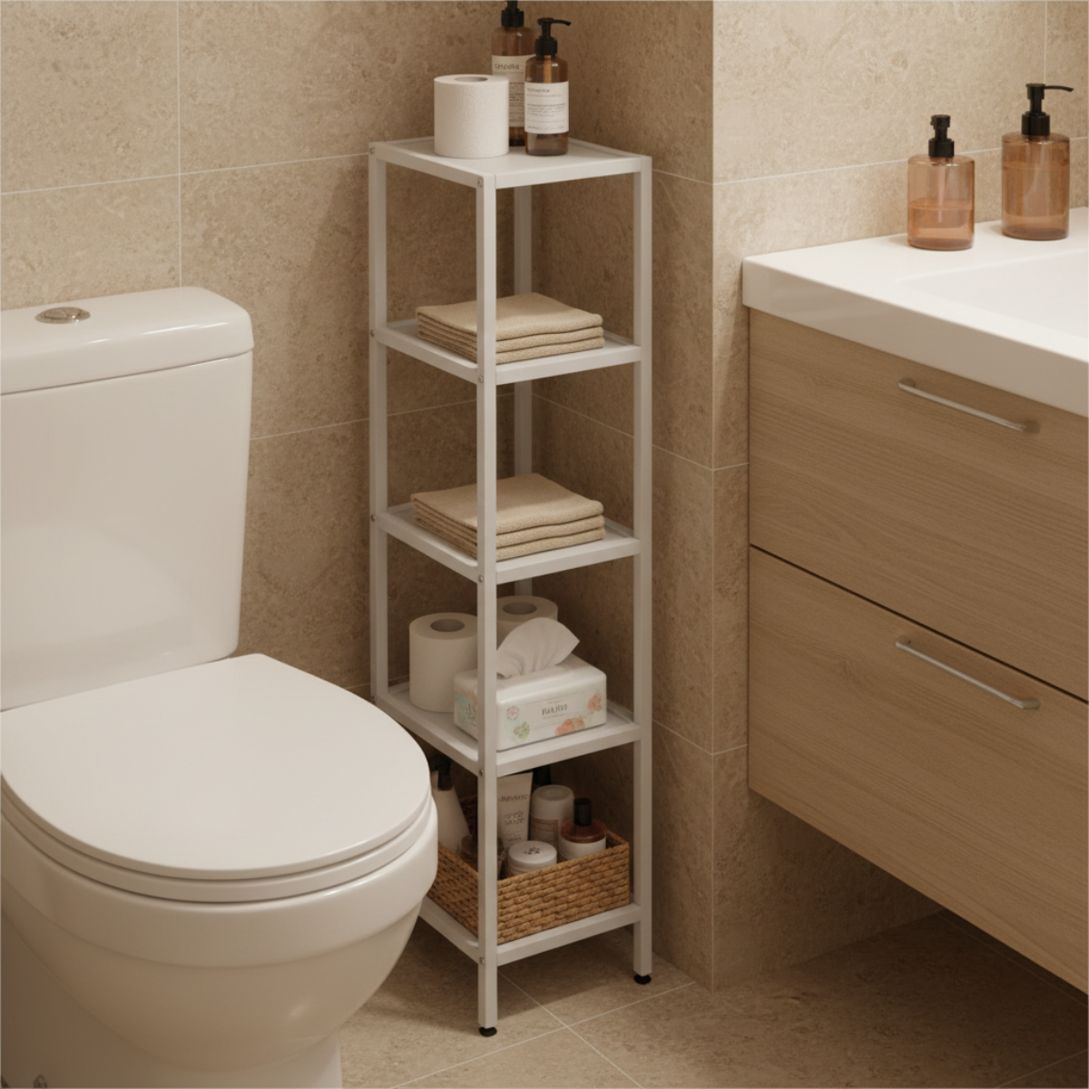Slim vertical toilet side storage organizer placed between a toilet and vanity, holding towels, toilet paper, and bathroom bottles.