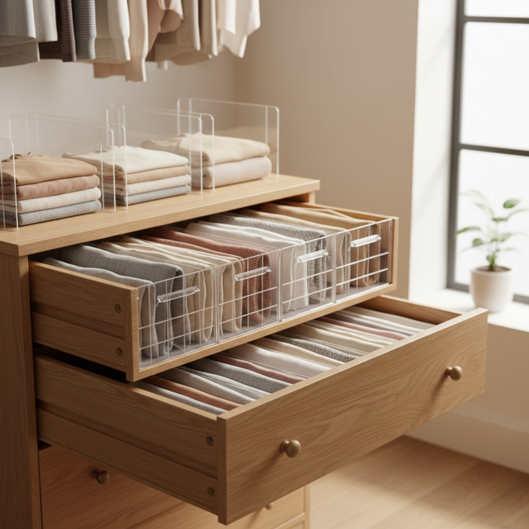 Neatly organized dresser drawers using clear plastic drawer dividers, separating folded clothing into clean sections under soft natural light.