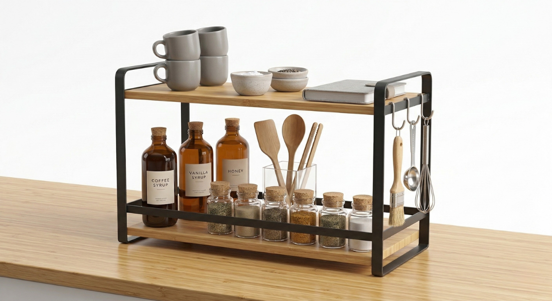 Countertop organizer rack for coffee station supplies, spices, mugs, and kitchen accessories