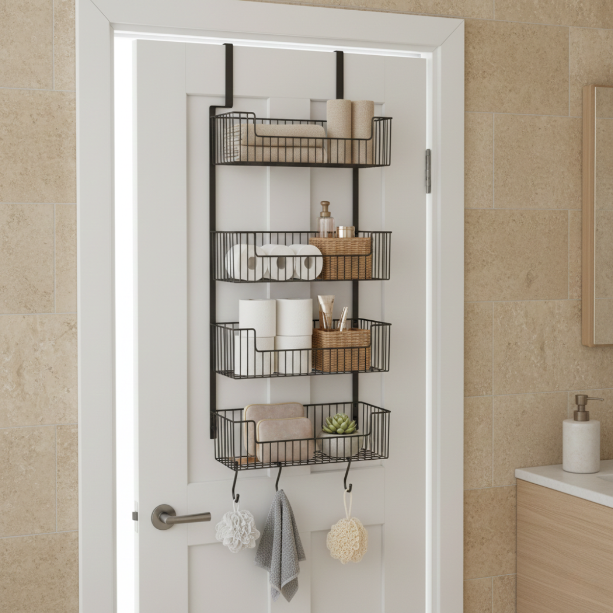 Over-the-door storage rack with hanging baskets holding towels, toilet paper, and toiletries on a bathroom door.