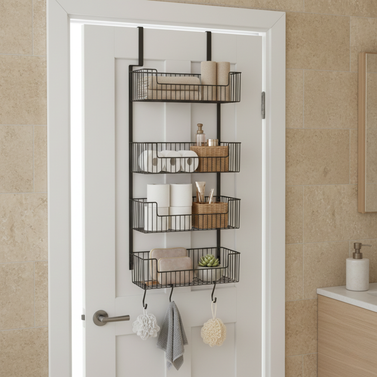 Over-the-door storage rack with hanging baskets holding towels, toilet paper, and toiletries on a bathroom door.