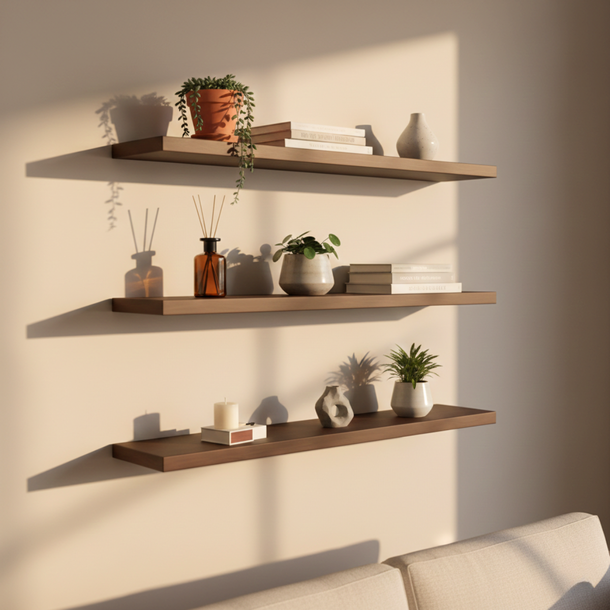 Minimal floating shelves styled with books, plants, and ceramic decor on a sunlit living room wall.