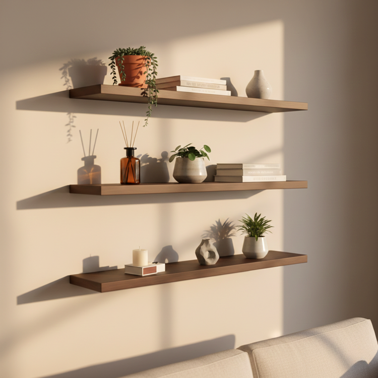 Minimal floating shelves styled with books, plants, and ceramic decor on a sunlit living room wall.