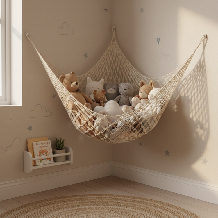 Corner-mounted stuffed animal hammock holding plush toys in a sunlit kids’ bedroom.