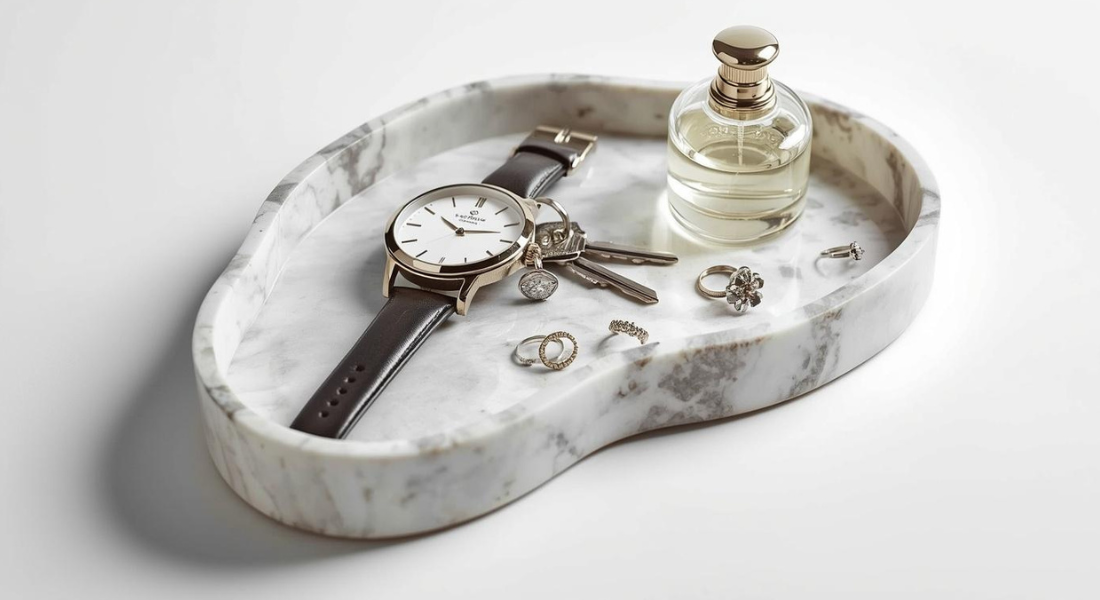 Marble catchall tray for organizing keys, jewelry, watches, and small accessories