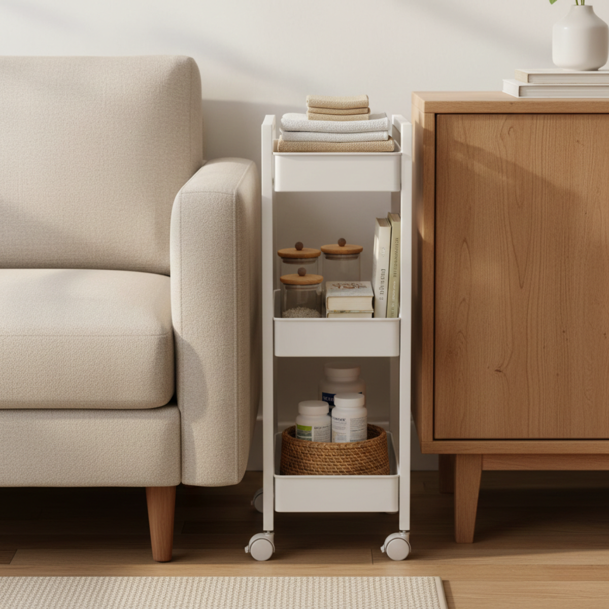 Slim slide-out rolling cart tucked between a sofa and cabinet, storing everyday items in a narrow living space.