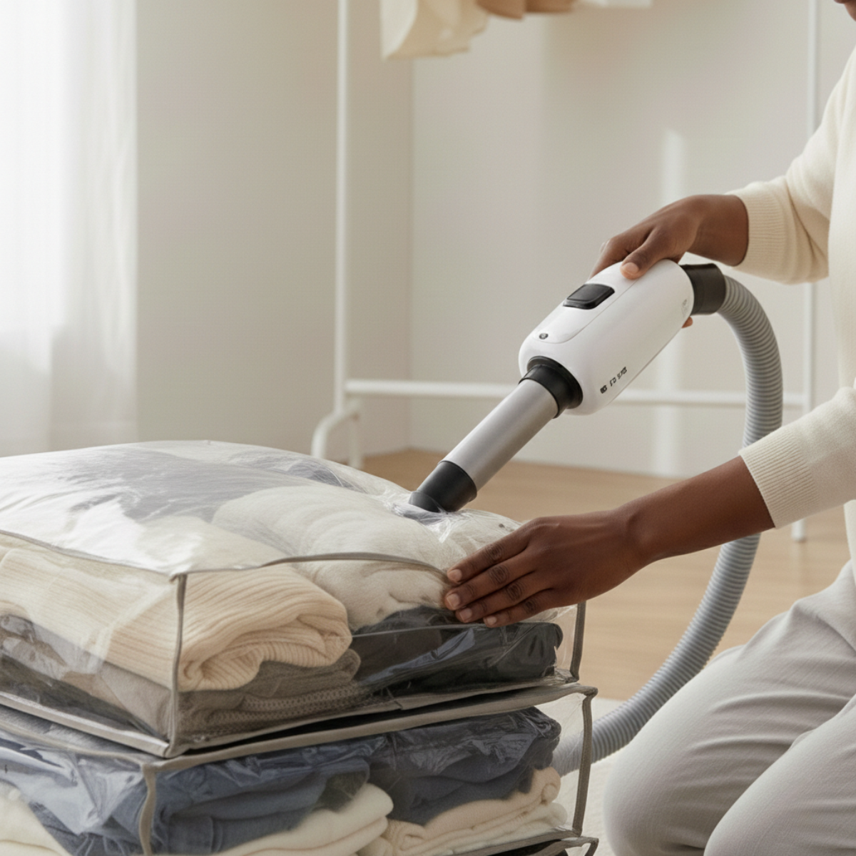 Neatly compressed clothing stored in vacuum bags, with a woman using a vacuum to save space in a bright, organized bedroom.