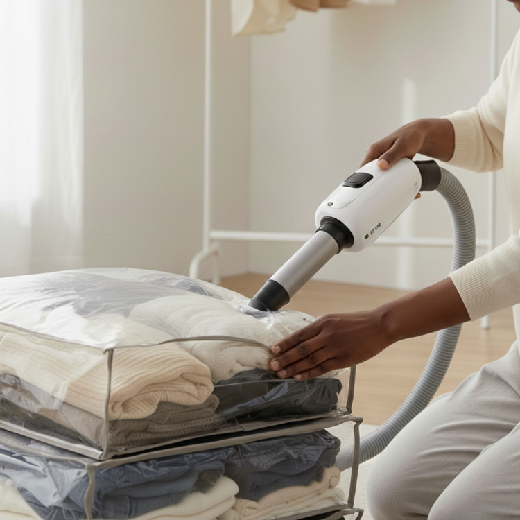 Neatly compressed clothing stored in vacuum bags, with a woman using a vacuum to save space in a bright, organized bedroom.