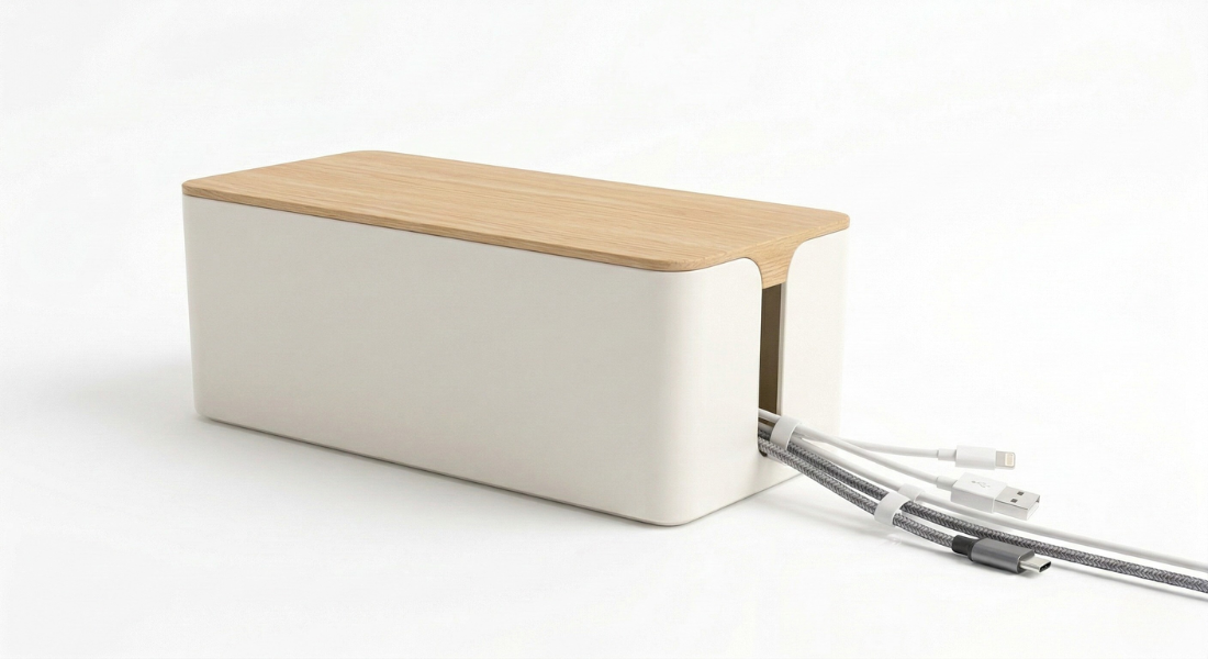 Cable management box for organizing power cords and charging cables on desk