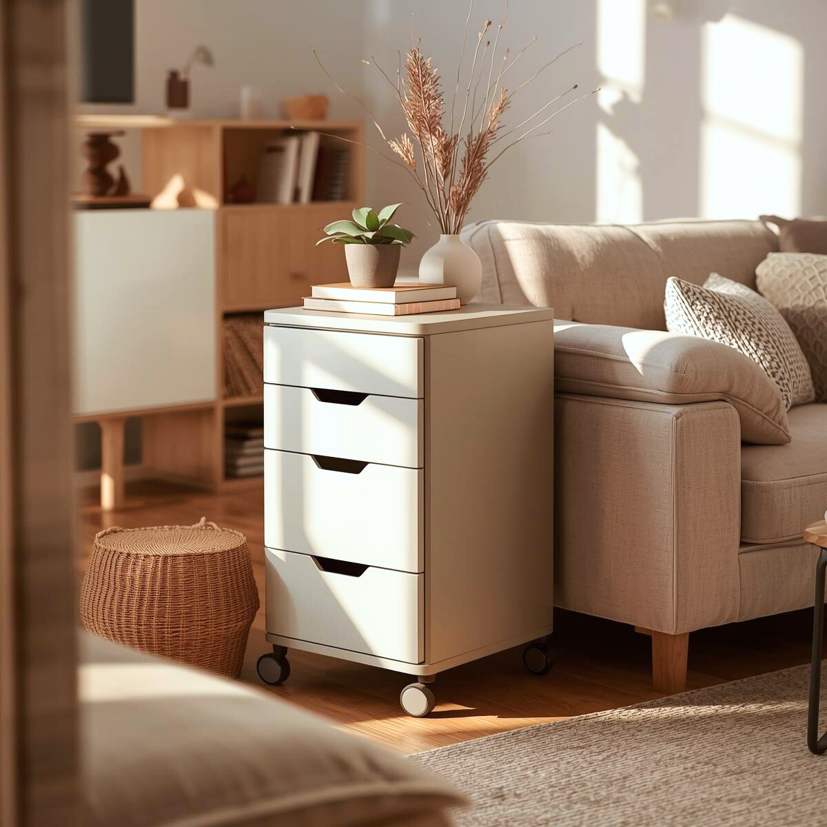 Multi-drawer rolling cart with closed storage drawers placed beside a sofa in a bright living room, styled with a small plant on top.