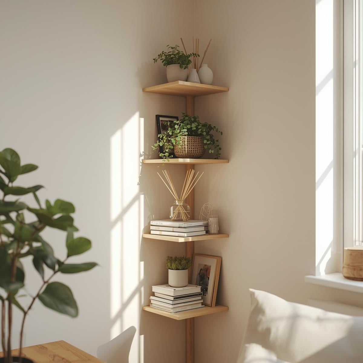 Corner shelving unit styled with books, plants, and decorative objects in a sunlit living room corner.