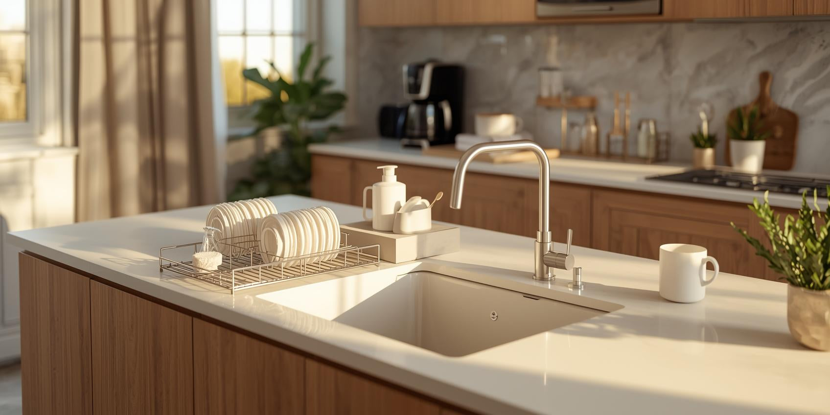 Sunlit kitchen countertop and sink area with dish drying rack, soap and sponge caddy, coffee station setup, and neatly arranged daily-use organizers.