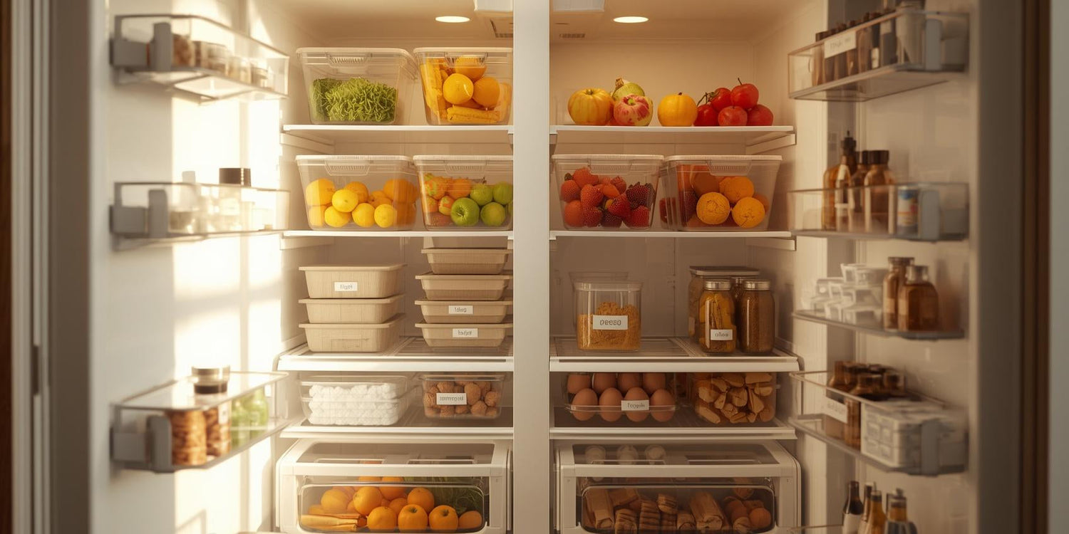 Open refrigerator with clear storage bins, produce containers, egg holder, and neatly stacked freezer food containers arranged in a bright, organized interior.