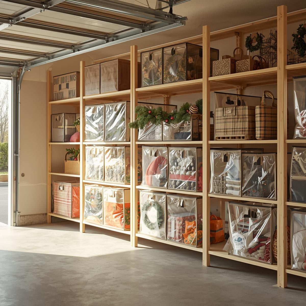 Seasonal decoration storage bags holding Christmas and holiday decor stored on wooden shelves in an organized American garage.
