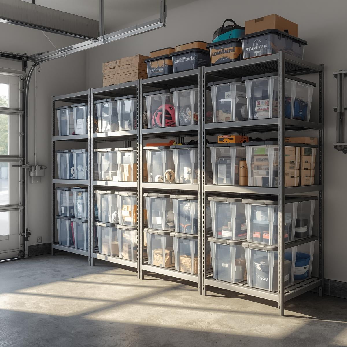 Stackable plastic storage bins stored on metal shelving racks inside an organized American garage.
