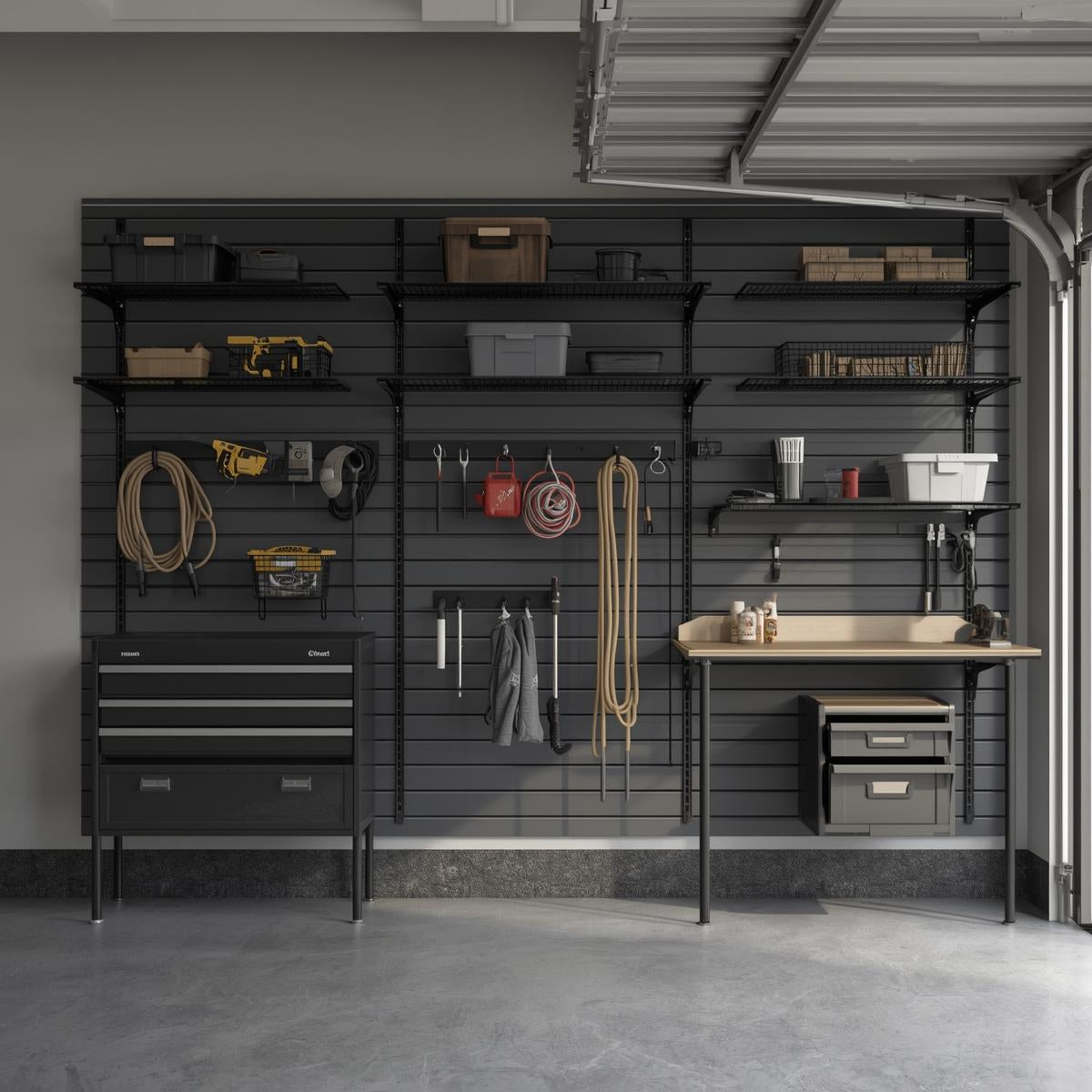 Wall-mounted storage organizers with slatwall panels, shelves, baskets, and hooks arranged on a garage wall in an organized American garage.