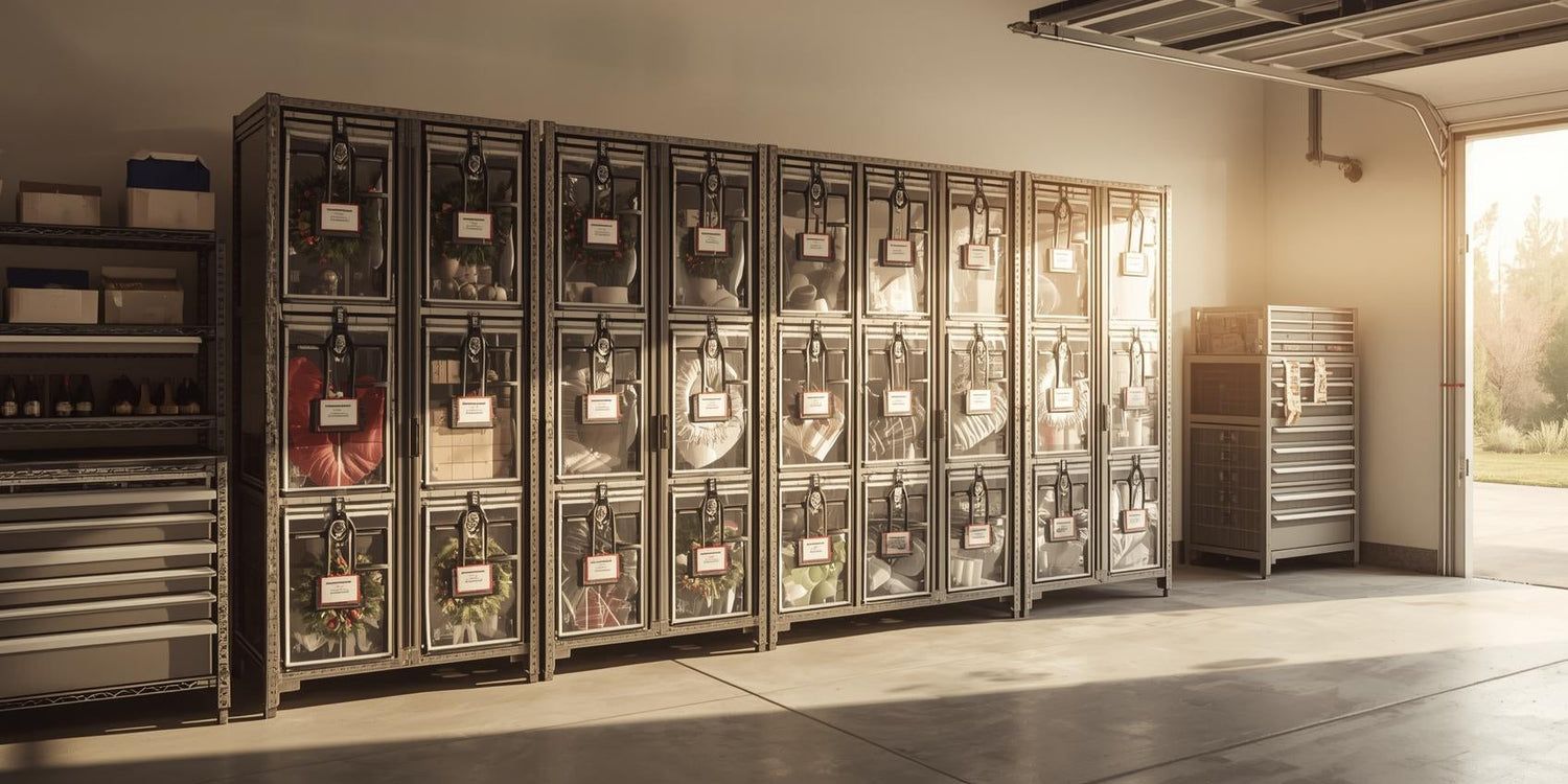 Organized residential garage shelving featuring structured semi-transparent seasonal decoration storage bags with clear front panels and reinforced edges, alongside neatly stacked small parts organizers with compartment drawers in bright natural daylight.