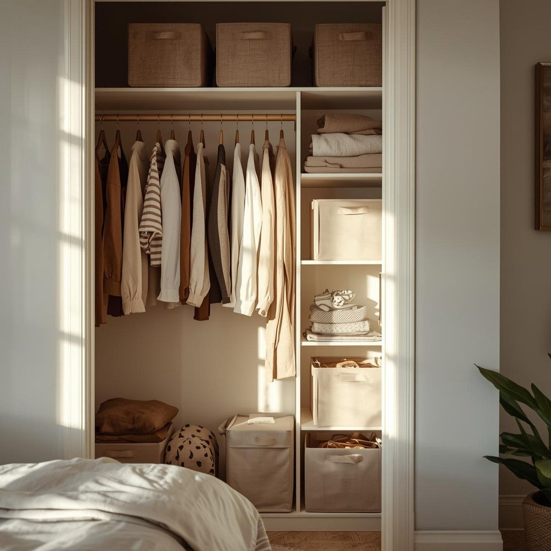 Minimalist bedroom closet organization system with fabric storage bins and hanging clothes organizers